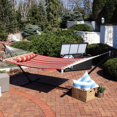 Image showing  Quilted Fabric Spreader Bar Hammock and 12 ft. Stand, Red Stripe