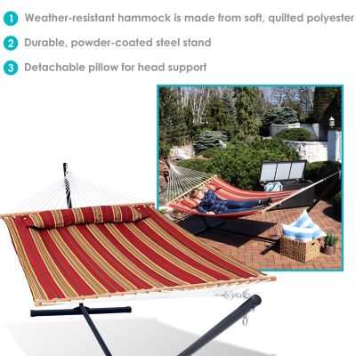 Image showing  Quilted Fabric Spreader Bar Hammock and 12 ft. Stand, Red Stripe
