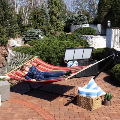 Image showing  Quilted Fabric Spreader Bar Hammock and 12 ft. Stand, Red Stripe
