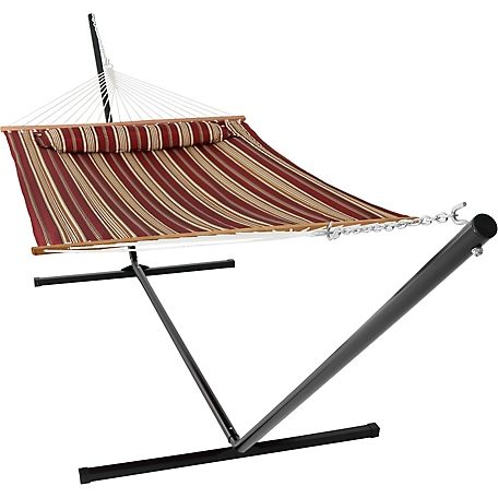 Sunnydaze Decor Quilted Fabric Spreader Bar Hammock and 15 ft. Stand, Red Stripe