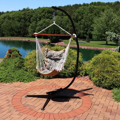 Image showing  Outdoor 1-Person Single Tufted Victorian Polyester Hammock Hanging Chair with Spreader Bar and C-Stand - Gray