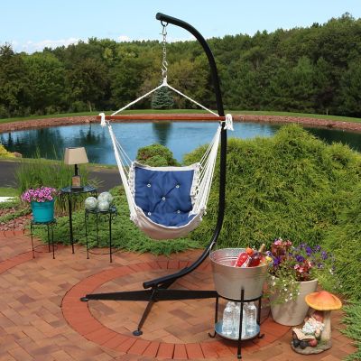 Image showing  Large Tufted Victorian Hammock Chair Swing with C-Stand - 300 lb Weight Capacity - Navy Blue