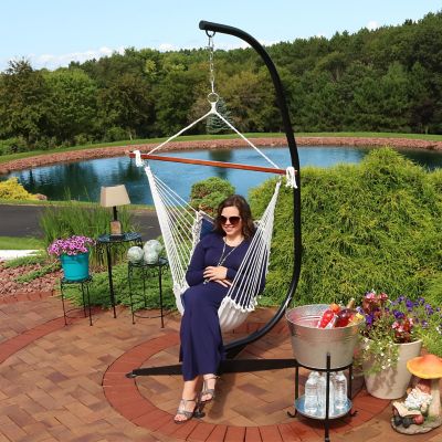 Image showing  Large Tufted Victorian Hammock Chair Swing with C-Stand - 300 lb Weight Capacity - Navy Blue