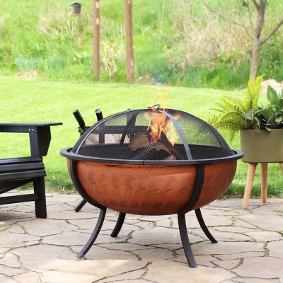 Image showing  32 in. Raised Outdoor Wood-Burning Fire Pit Bowl with Spark Screen, 0.7 mm Steel, High Temp Copper Finish