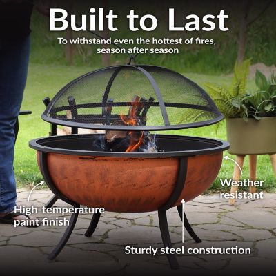 Image showing 7 th Sunnydaze Decor 32 in. Raised Outdoor Wood-Burning Fire Pit Bowl with Spark Screen, 0.7 mm Steel, High Temp Copper Finish
