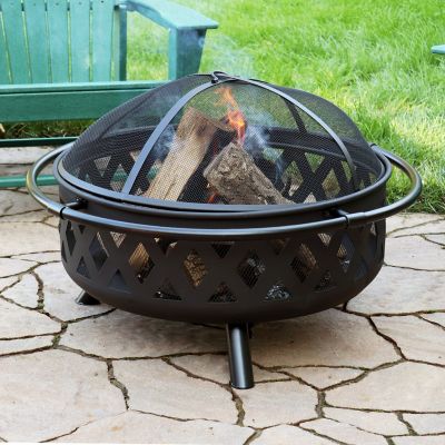 Image showing  36 in. Outdoor Camping or Backyard Round Crossweave Cut Out Wood-Burning Fire Pit with Spark Screen, Poker