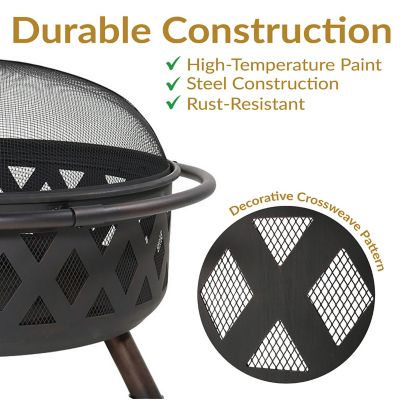 Image showing  36 in. Outdoor Camping or Backyard Round Crossweave Cut Out Wood-Burning Fire Pit with Spark Screen, Poker