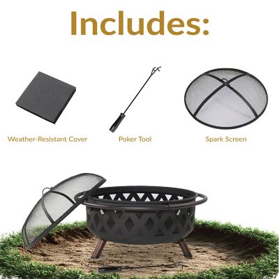 Image showing  36 in. Outdoor Camping or Backyard Round Crossweave Cut Out Wood-Burning Fire Pit with Spark Screen, Poker