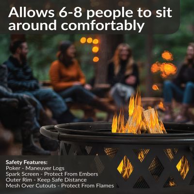 Image showing 5 th Sunnydaze Decor 36 in. Outdoor Camping or Backyard Round Crossweave Cut Out Wood-Burning Fire Pit with Spark Screen, Poker