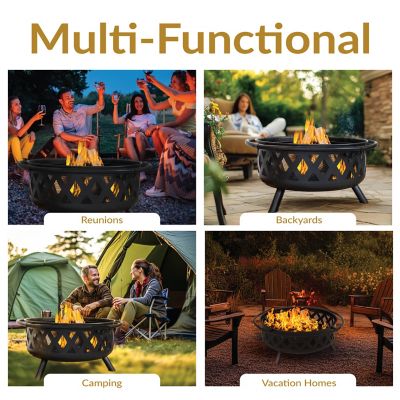 Image showing 6 th Sunnydaze Decor 36 in. Outdoor Camping or Backyard Round Crossweave Cut Out Wood-Burning Fire Pit with Spark Screen, Poker