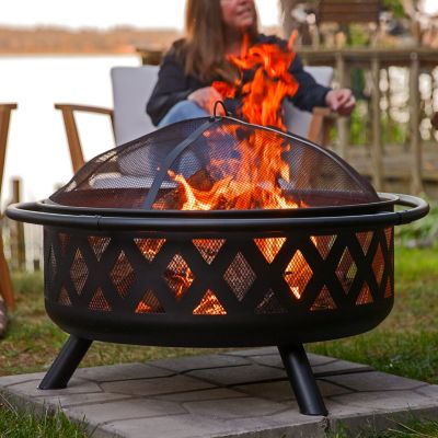 Image showing 8 th Sunnydaze Decor 36 in. Outdoor Camping or Backyard Round Crossweave Cut Out Wood-Burning Fire Pit with Spark Screen, Poker