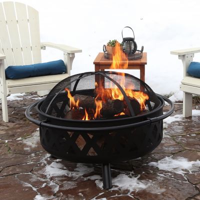 Image showing 9 th Sunnydaze Decor 36 in. Outdoor Camping or Backyard Round Crossweave Cut Out Wood-Burning Fire Pit with Spark Screen, Poker