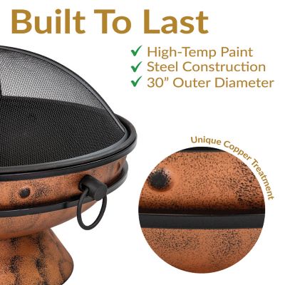 Image showing  Large Round Fire Pit Bowl with Handles and Spark Screen - 30 in. - Copper Finish