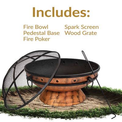 Image showing  Large Round Fire Pit Bowl with Handles and Spark Screen - 30 in. - Copper Finish