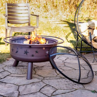 Image showing  Round Cosmic Stars and Moons Wood-Burning Fire Pit with Cooking Grill Grate, Spark Screen and Log Poker, 30 in.