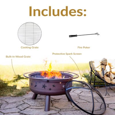 Image showing  Round Cosmic Stars and Moons Wood-Burning Fire Pit with Cooking Grill Grate, Spark Screen and Log Poker, 30 in.