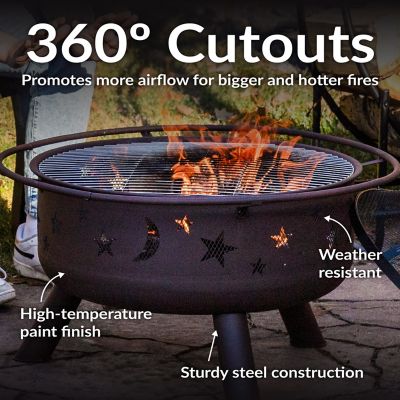 Image showing 5 th Sunnydaze Decor Round Cosmic Stars and Moons Wood-Burning Fire Pit with Cooking Grill Grate, Spark Screen and Log Poker, 30 in.