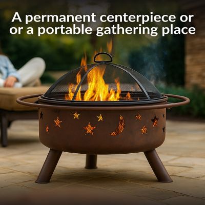 Image showing 6 th Sunnydaze Decor Round Cosmic Stars and Moons Wood-Burning Fire Pit with Cooking Grill Grate, Spark Screen and Log Poker, 30 in.