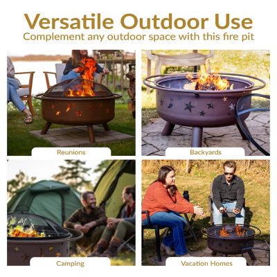 Image showing 7 th Sunnydaze Decor Round Cosmic Stars and Moons Wood-Burning Fire Pit with Cooking Grill Grate, Spark Screen and Log Poker, 30 in.