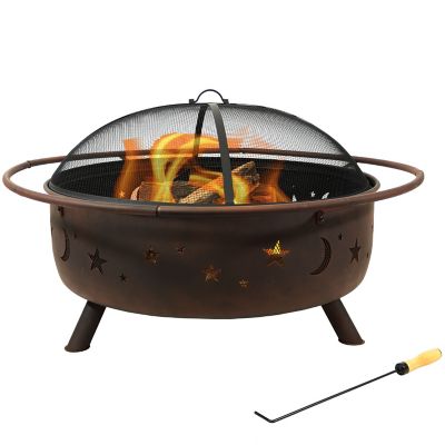 Sunnydaze Decor 42 in. Cosmic Outdoor Patio Fire Pit with Spark Screen, Steel, Rustic Patina Colored High Temp Paint We love it! It has a ring around it for protection