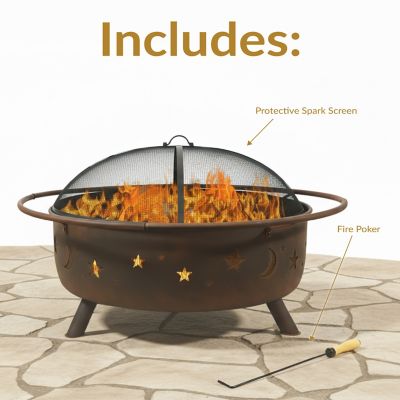 Image showing 6 th Sunnydaze Decor 41.5 in. Outdoor Camping or Backyard Steel Round Cosmic Wood-Burning Fire Pit with Spark Screen, Poker, Black