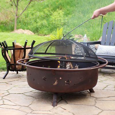 Image showing 8 th Sunnydaze Decor 41.5 in. Outdoor Camping or Backyard Steel Round Cosmic Wood-Burning Fire Pit with Spark Screen, Poker, Black