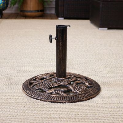 Image showing  Outdoor Heavy-Duty Cast Iron Decorative Rose Blossom Design Patio Yard Round Umbrella Base Stand - 16 in.