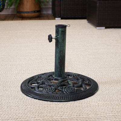 Image showing  Outdoor Heavy-Duty Cast Iron Decorative Rose Blossom Design Patio Yard Round Umbrella Base Stand - 16 in.