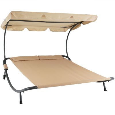 Sunnydaze Decor Outdoor Double Chaise Lounge Bed with Canopy Shade and Headrest Pillows, Beige