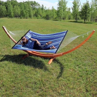 Image showing  Quilted Fabric 2-Person Hammock, Curved Arc Wood Stand, 400 lb. Weight Capacity, 12 ft. Stand, Catalina Beach
