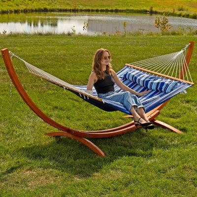 Image showing  Quilted Fabric 2-Person Hammock, Curved Arc Wood Stand, 400 lb. Weight Capacity, 12 ft. Stand, Catalina Beach