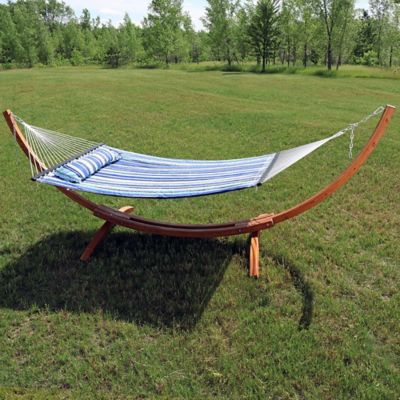 Image showing 5 th Sunnydaze Decor Quilted Fabric 2-Person Hammock, Curved Arc Wood Stand, 400 lb. Weight Capacity, 12 ft. Stand, Catalina Beach