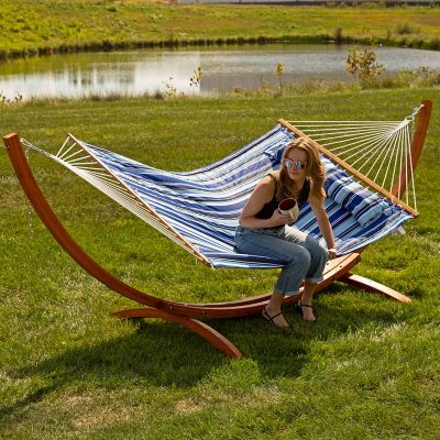 Image showing 7 th Sunnydaze Decor Quilted Fabric 2-Person Hammock, Curved Arc Wood Stand, 400 lb. Weight Capacity, 12 ft. Stand, Catalina Beach