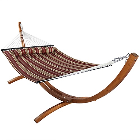 Sunnydaze Decor Quilted Outdoor Hammock with 12 ft. Curved Wood Stand, Red