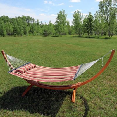 Image showing  142.5 in. Quilted Double Fabric 2-Person Hammock with Curved Arc Wood Stand, 400 lb. Capacity, Red Stripe
