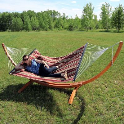 Image showing  142.5 in. Quilted Double Fabric 2-Person Hammock with Curved Arc Wood Stand, 400 lb. Capacity, Red Stripe