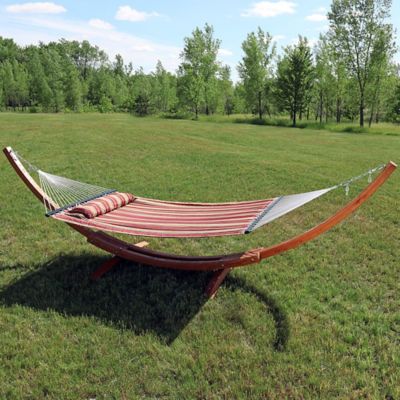 Image showing  Quilted Double Fabric 2-Person Hammock, Curved Arc Wood Stand, 400 lb. Weight Capacity, 13ft. Stand, Red Stripe