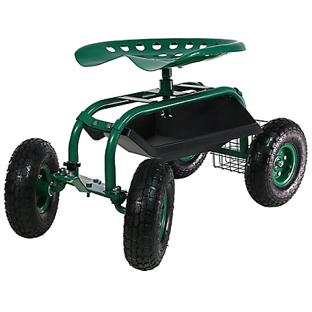 Sunnydaze Decor Rolling Garden Cart with Steering Handle, Swivel Seat and Basket, Green