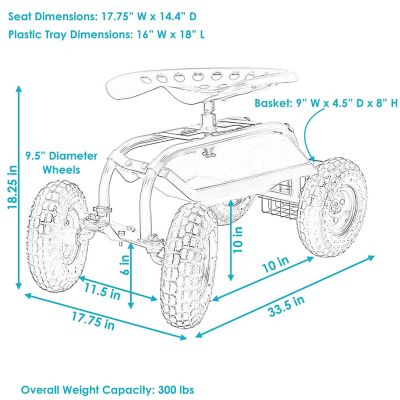 Image showing  Outdoor Heavy-Duty Steel Rolling Gardening Cart with Adjustable Height Swivel Chair, Tool Tray & Basket, Green