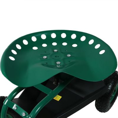 Image showing  Outdoor Heavy-Duty Steel Rolling Gardening Cart with Adjustable Height Swivel Chair, Tool Tray & Basket, Green