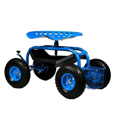 Image showing  Outdoor Heavy-Duty Steel Rolling Gardening Cart with Adjustable Height Swivel Chair, Tool Tray & Basket, Blue
