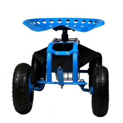 Image showing  Outdoor Heavy-Duty Steel Rolling Gardening Cart with Adjustable Height Swivel Chair, Tool Tray & Basket, Blue