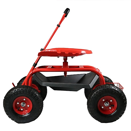 Sunnydaze Decor Rolling Garden Cart with Extendable Steering Handle, Swivel Seat and Basket, 330 lb. Capacity, Red
