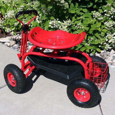Image showing  Outdoor Heavy-Duty Rolling Gardening Cart with Extendable Steer Handle, Swivel Chair, Tool Tray & Basket, Red