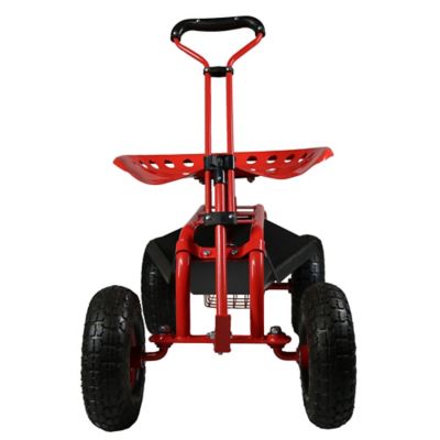 Image showing  Outdoor Heavy-Duty Rolling Gardening Cart with Extendable Steer Handle, Swivel Chair, Tool Tray & Basket, Red