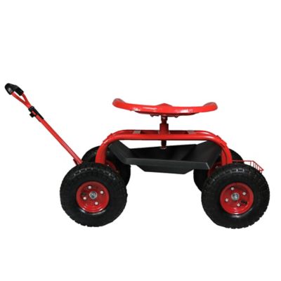 Image showing  Outdoor Heavy-Duty Rolling Gardening Cart with Extendable Steer Handle, Swivel Chair, Tool Tray & Basket, Red