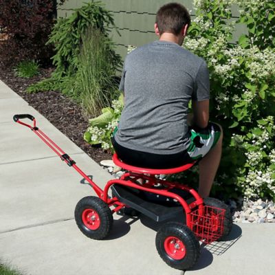 Image showing  Outdoor Heavy-Duty Rolling Gardening Cart with Extendable Steer Handle, Swivel Chair, Tool Tray & Basket, Red