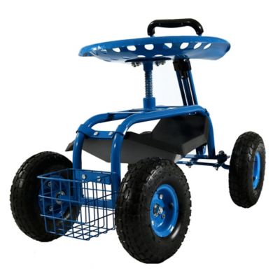 Image showing  Outdoor Heavy-Duty Rolling Gardening Cart with Extendable Steer Handle, Swivel Chair, Tool Tray & Basket, Blue
