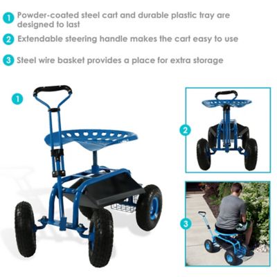 Image showing  Outdoor Heavy-Duty Rolling Gardening Cart with Extendable Steer Handle, Swivel Chair, Tool Tray & Basket, Blue