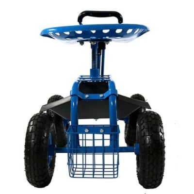 Image showing  Outdoor Heavy-Duty Rolling Gardening Cart with Extendable Steer Handle, Swivel Chair, Tool Tray & Basket, Blue
